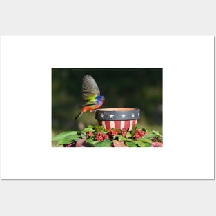 Painted Bunting Bird Saluting the American Flag Bowl Posters and Art